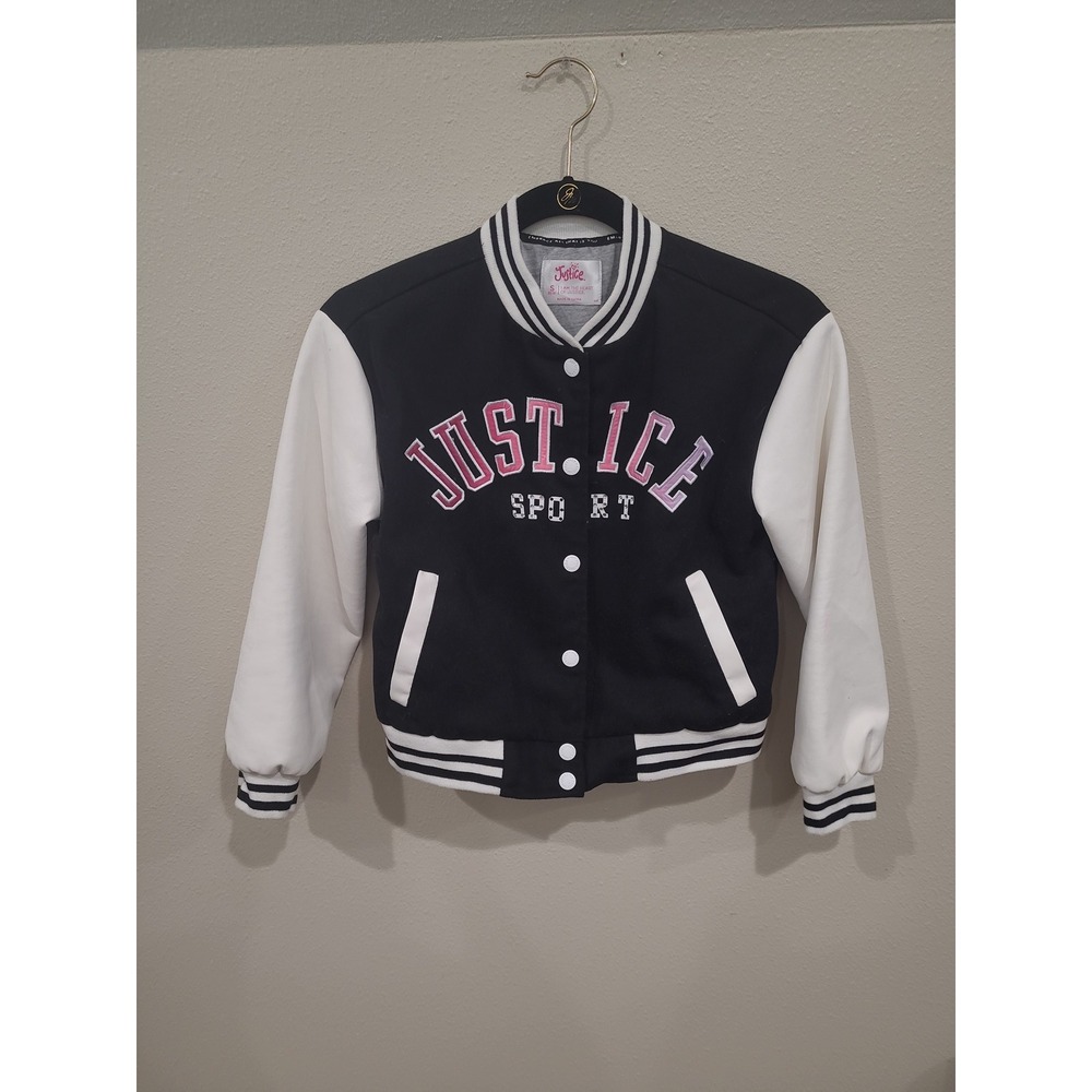 Justice Sport Girls SZ S (7/8) Varsity Style Jacket black white pink accent prep